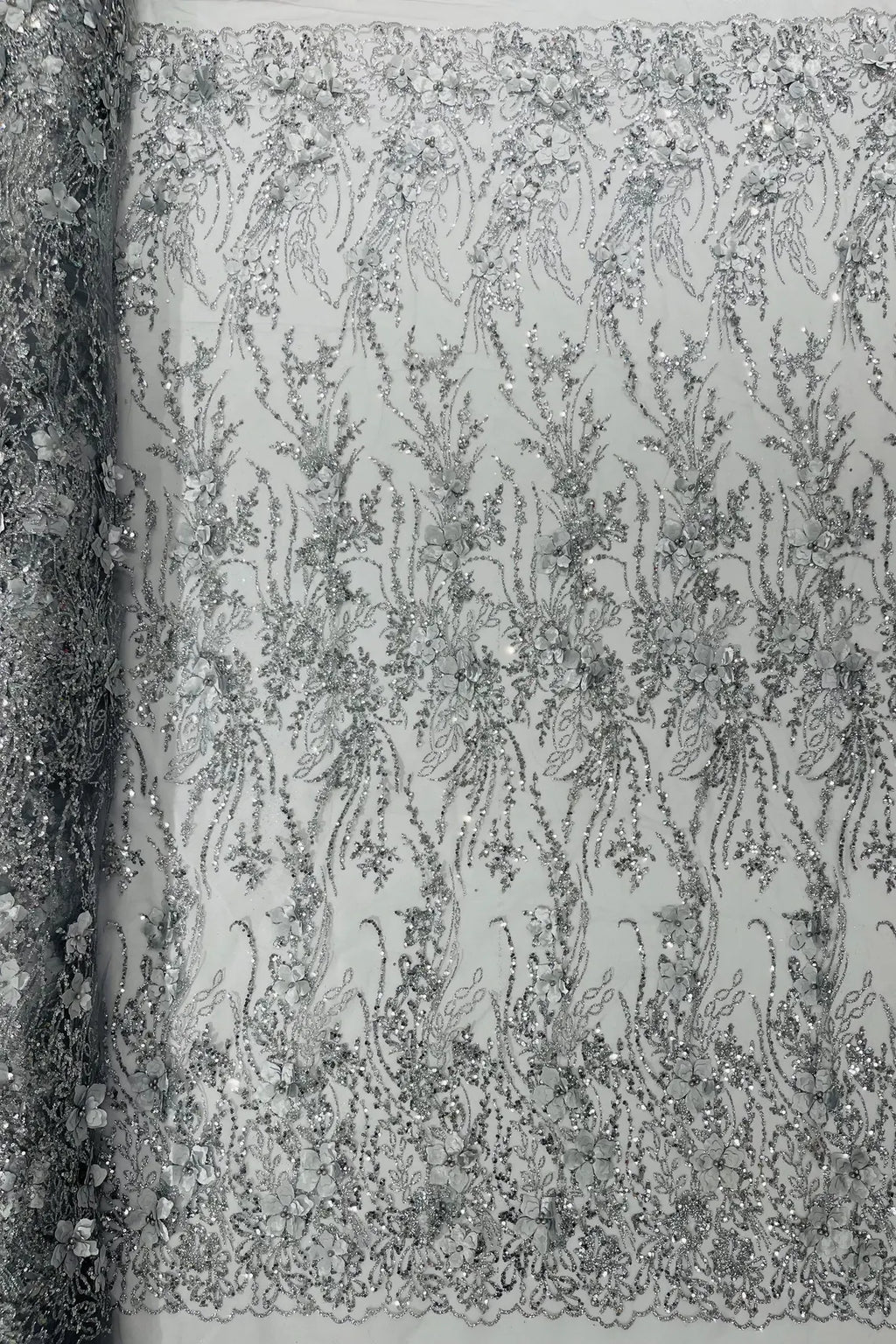 3D Glitter Floral Design Fabric - Silver - Floral Line Design Embroidered Sequins Fabric by Yard
