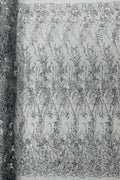 3D Glitter Floral Design Fabric - Silver - Floral Line Design Embroidered Sequins Fabric by Yard