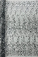 3D Glitter Floral Design Fabric - Silver - Floral Line Design Embroidered Sequins Fabric by Yard