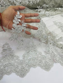 Beaded Floral Fabric - Silver