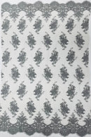 Floral Damask Lace Fabric - Silver - Embroidered Damask Flowers on Lace Fabric By Yard