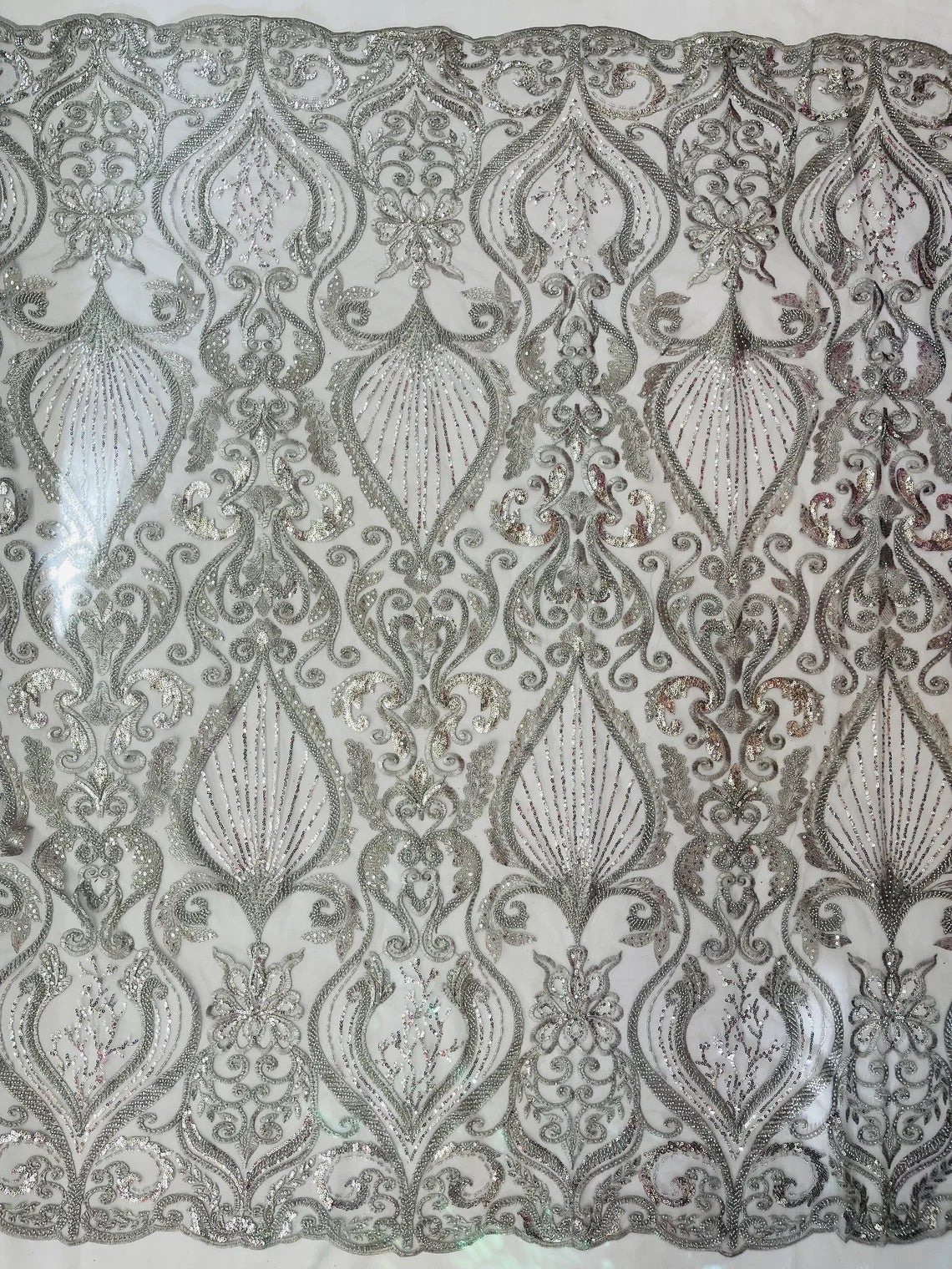 Damask Leaf Bead Fabric - Silver - Heavy Beaded Embroidered Sequins Lace Fabric by Yard