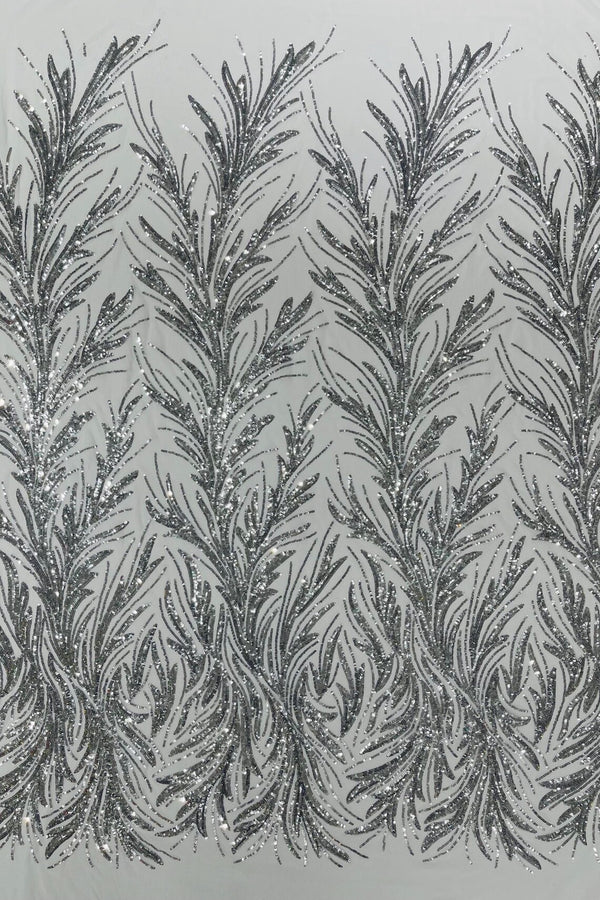 Leaf Design Stretch Sequins - Silver - 4 Way Stretch Lace Mesh Sequins Fabric by Yard