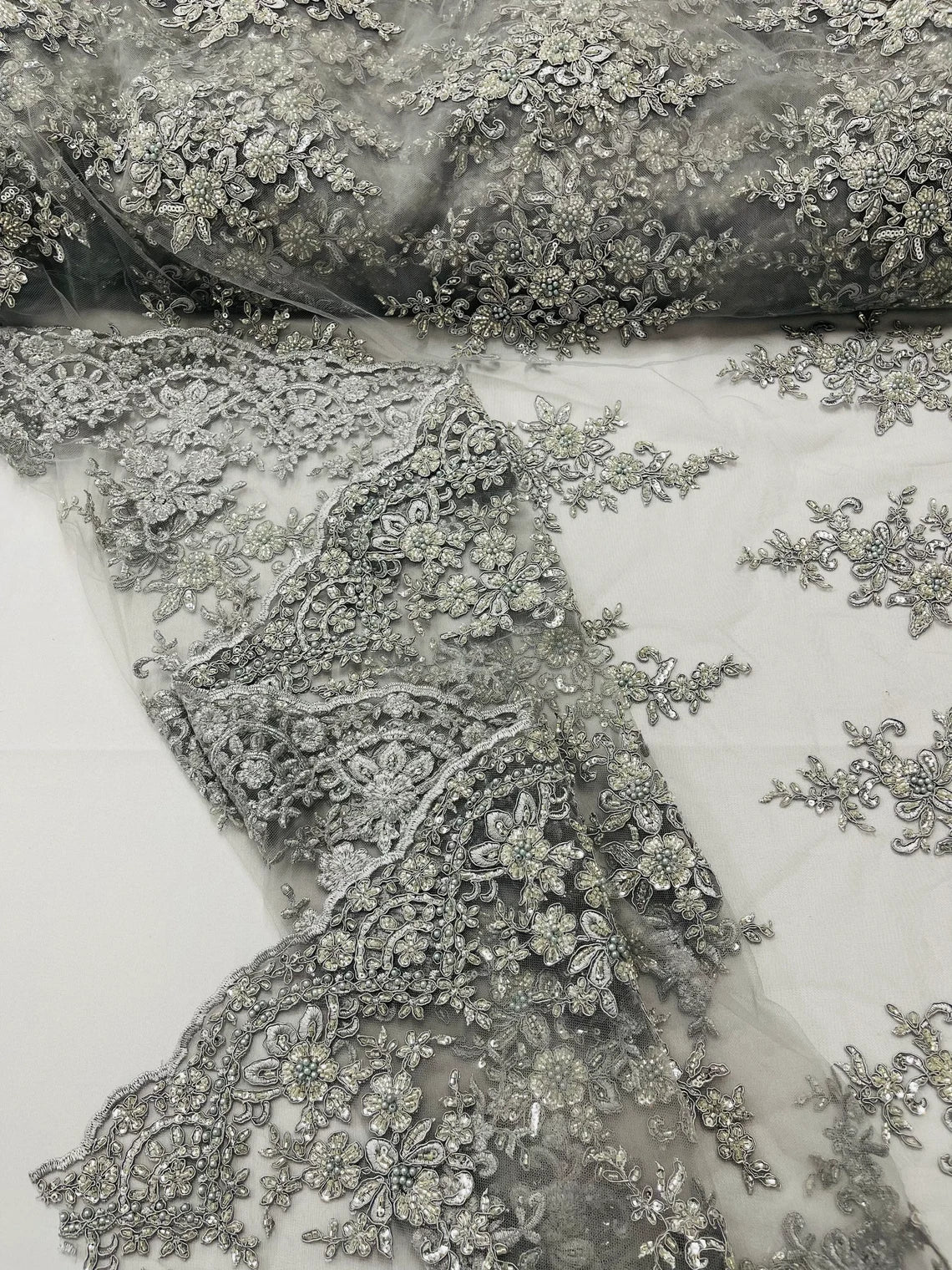 Beaded Shiny Floral Cluster - Silver - Embroidered Luxury Floral Design by Yard