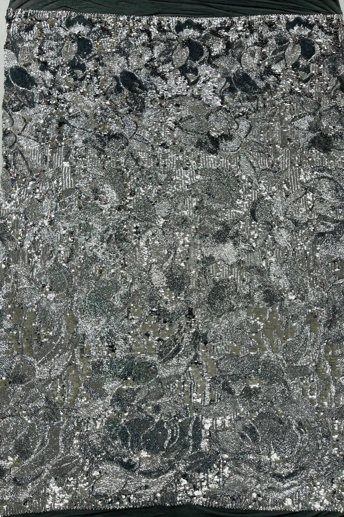 Orchid Design Sequins - Silver - 4 Way Stretch Full Sequins Floral Design Mesh Fabric By Yard