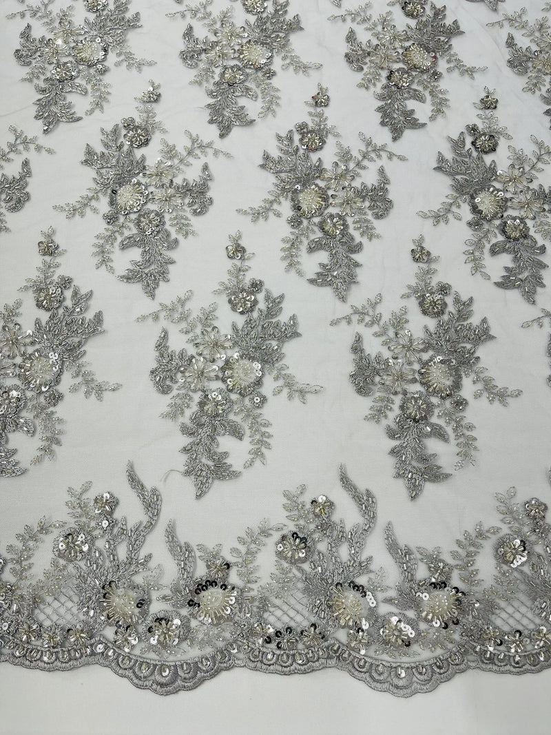 Beaded Flower Sequins Fabric - Silver - Embroidered Beaded Floral Clusters Sequins Fabric By Yard