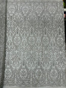 Fancy Damask Glitter Design - Silver - Tulle Mesh with Fancy Damask Designs Sold By Yard