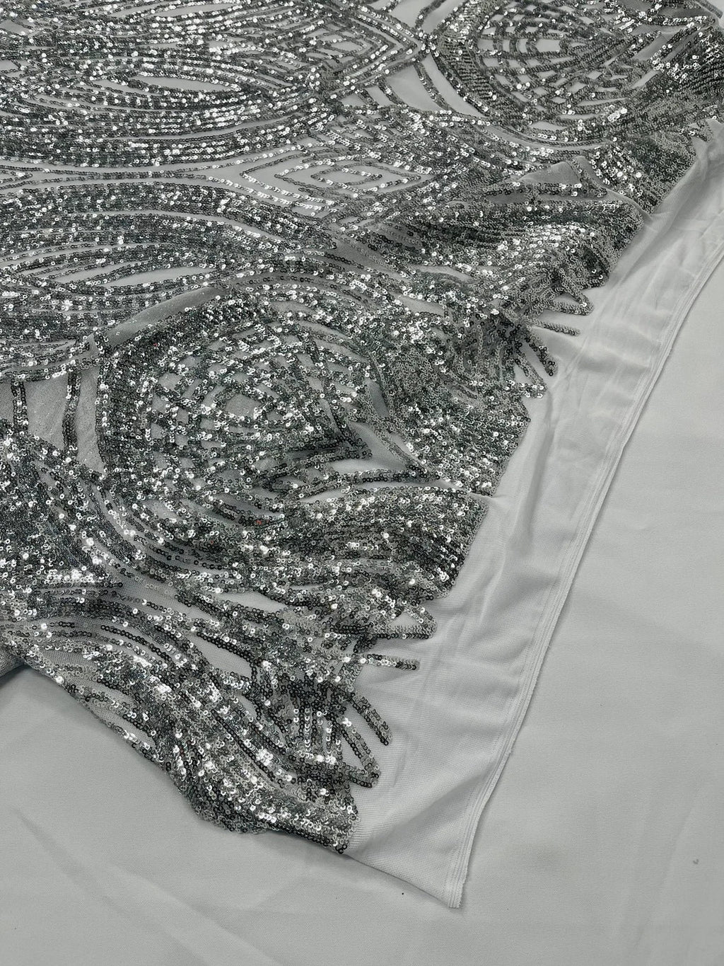 Long Wavy Pattern Sequins - Silver - 4 Way Stretch Sequins Fabric Line Design By Yard