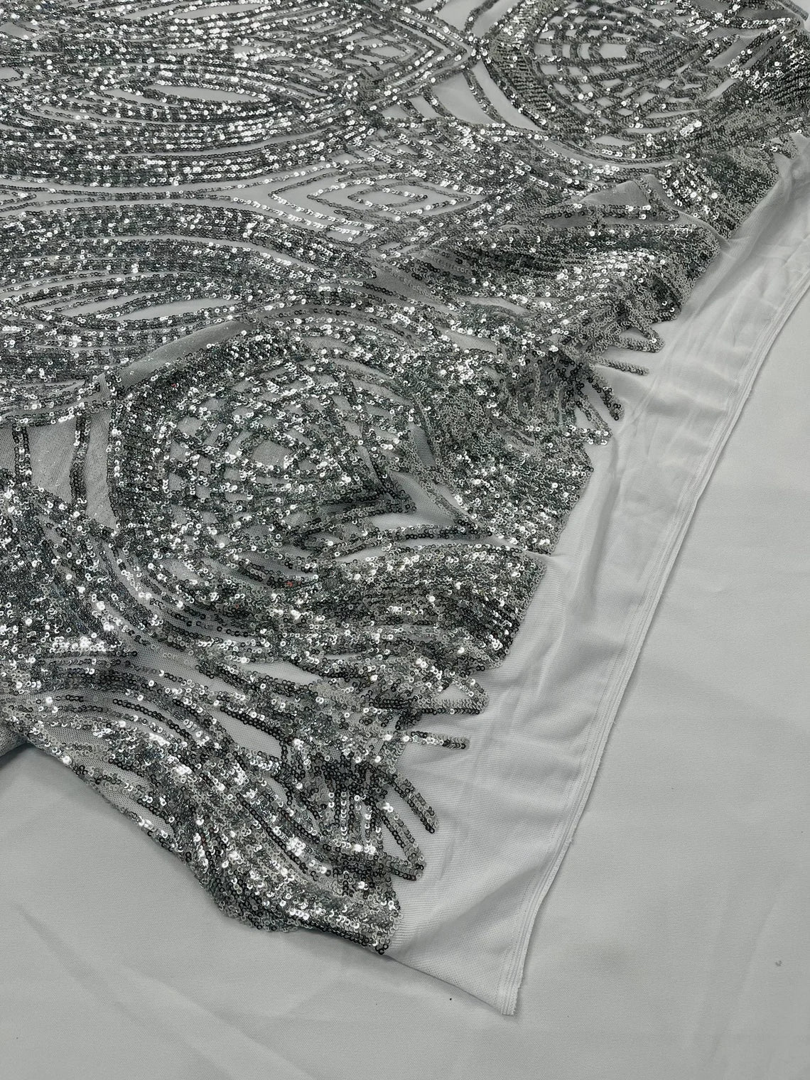 Long Wavy Pattern Sequins - Silver - 4 Way Stretch Sequins Fabric Line Design By Yard