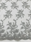 Embroidered Corded Lace Fabric - Silver - Cluster Fancy Flower Embroidered Lace Fabric By Yard