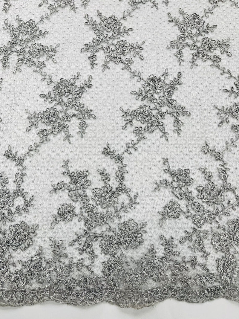 Embroidered Corded Lace Fabric - Silver - Cluster Fancy Flower Embroidered Lace Fabric By Yard