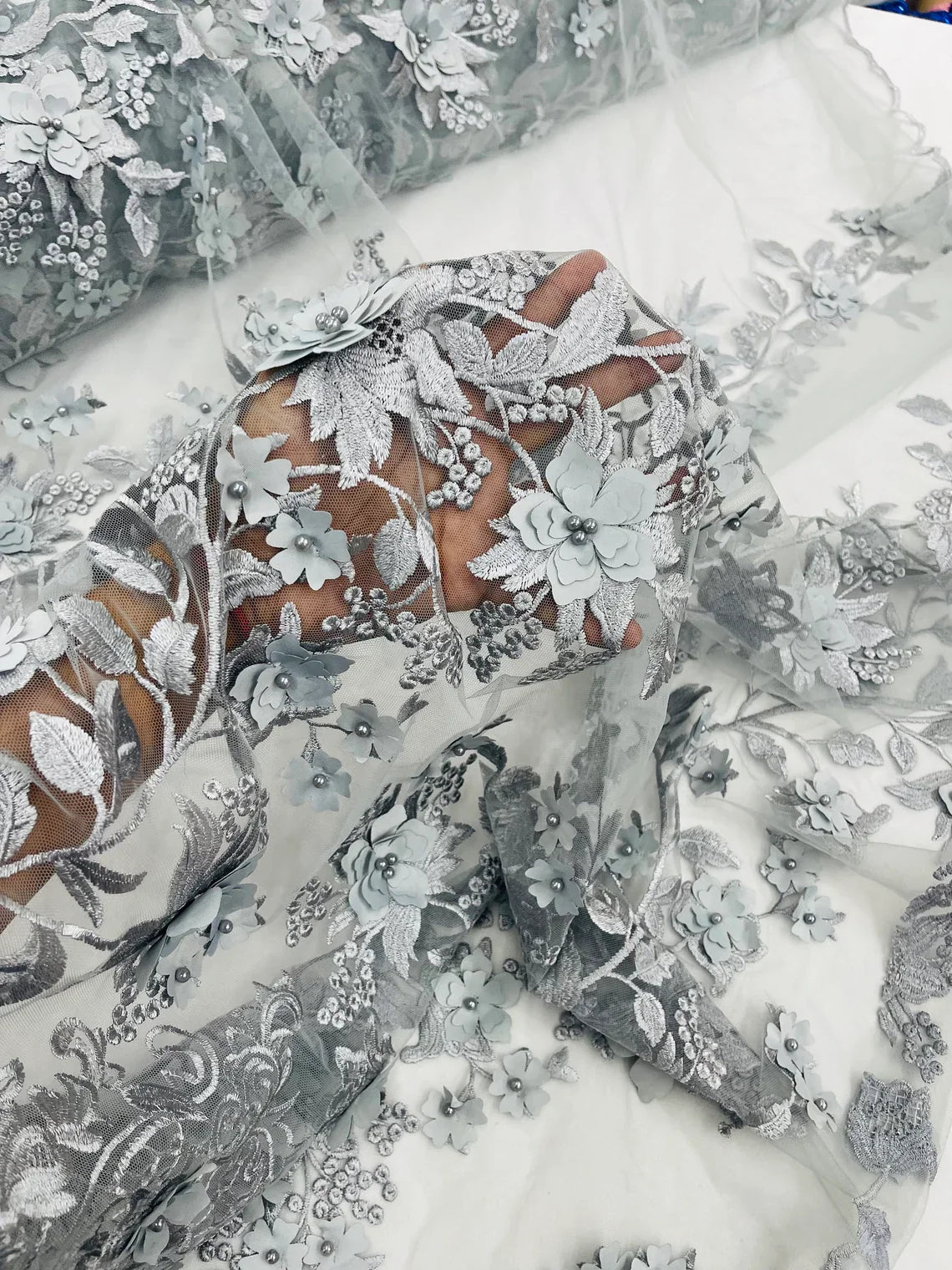 Flower 3D Fabric - Silver - Embroided Fabric Flower Pearls and Leaf Decor Sold by The Yard