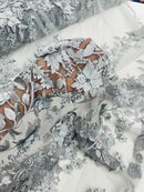 Flower 3D Fabric - Silver - Embroided Fabric Flower Pearls and Leaf Decor Sold by The Yard