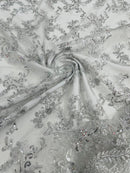 Floral Sequins Lace Fabric - Silver - Embroidery Flower Clusters Design with Shiny Sequins  Fabric Sold By Yard
