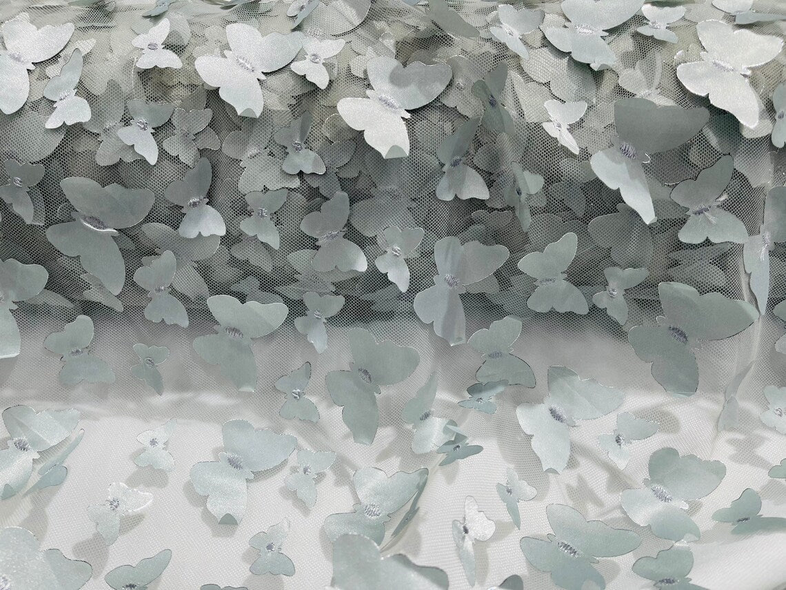 3D Butterfly Design Lace - Silver - Embroidered Lace with 3D Butterfly Design By Yard