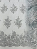 Floral Lace Flower Fabric - Silver - Floral Embroidered Fabric with Sequins on Lace By Yard