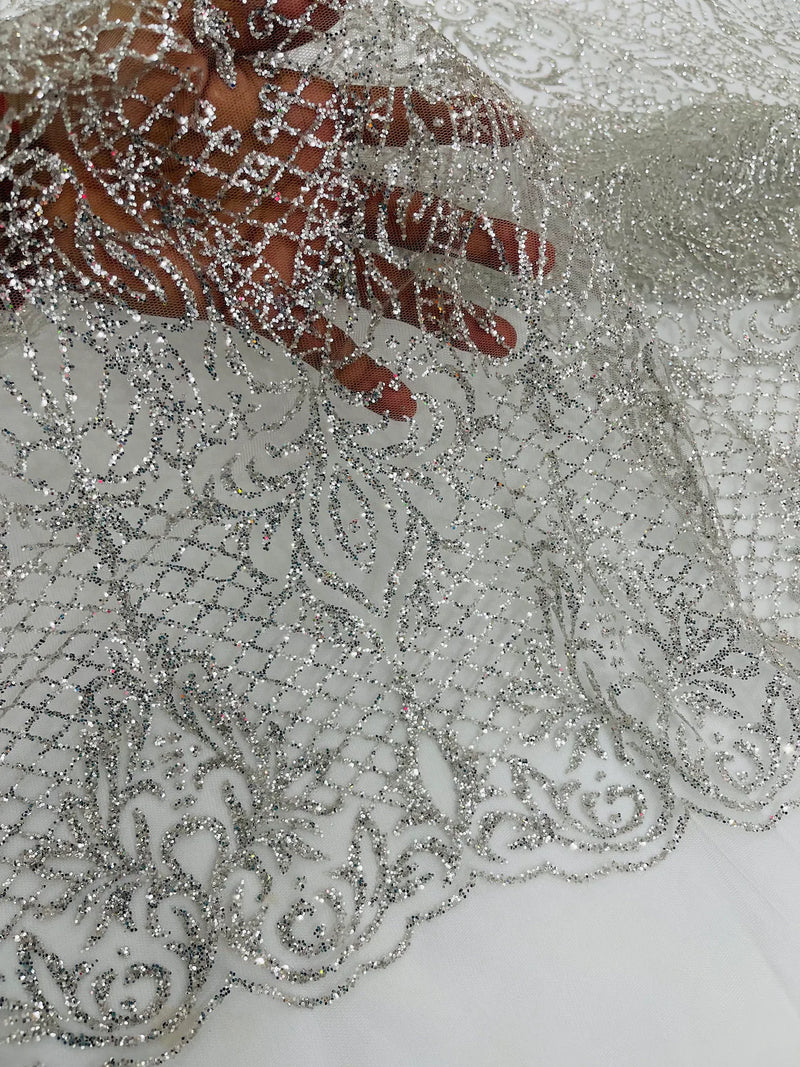 Mermaid Glitter Design - Silver - Tulle Mesh with Mermaid Tail Glitter Design Sold By Yard