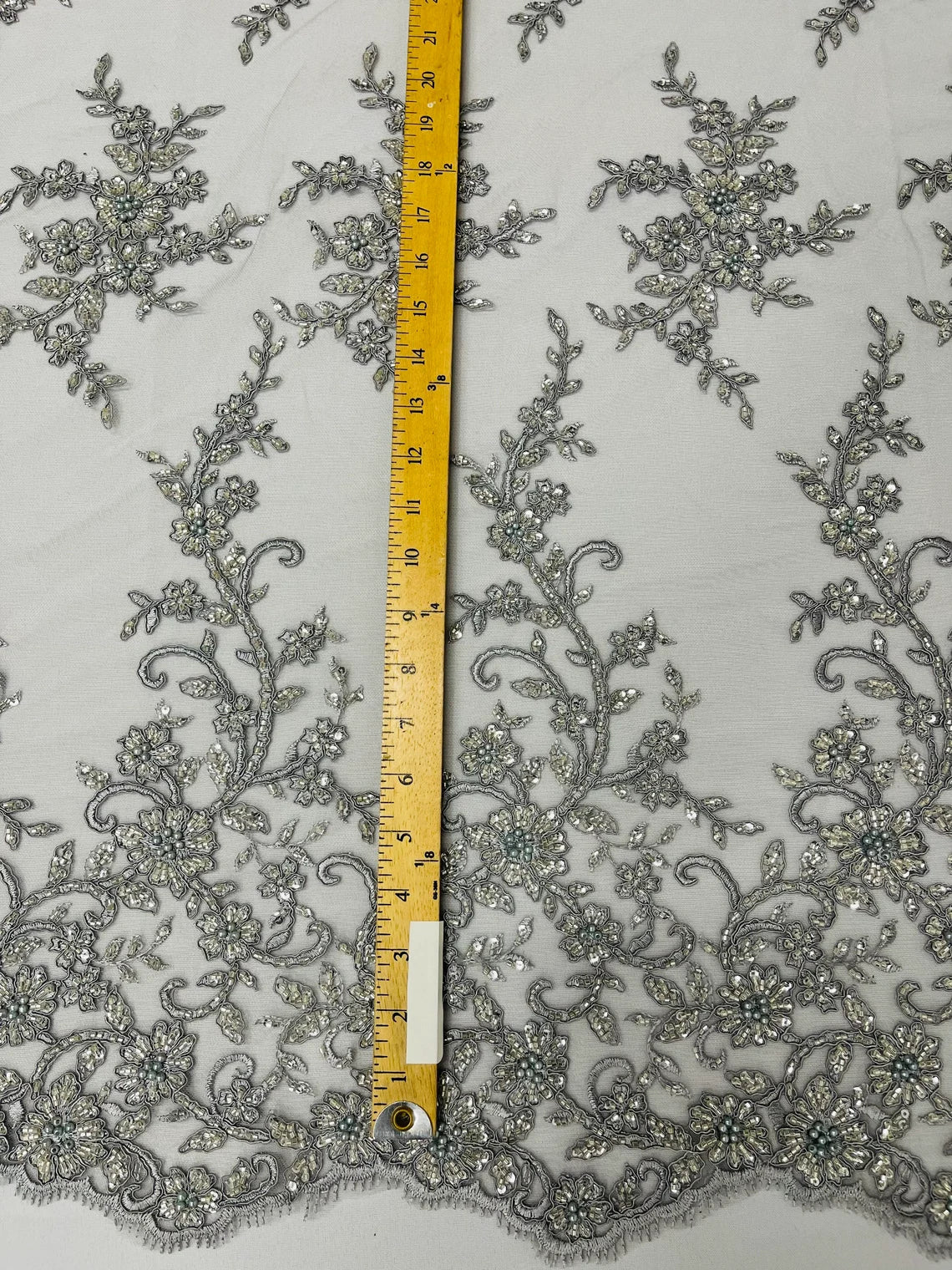 Beaded Floral Cluster - Silver - Fancy Embroidered Glamorous Floral Design Sold by Yard
