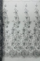 3D Big Flower Glitter Fabric - Silver - Floral Glitter Sequin Design on Lace Mesh Fabric by Yard