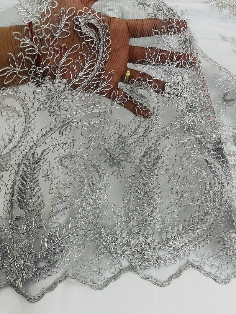 Metallic Corded Lace - Silver - Paisley Floral Fabric with Metallic Thread on a Mesh Lace By Yard