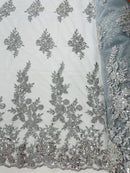 Beaded Rose Flower Fabric - Silver - Embroidered Beaded Long Border Floral Fabric By Yard