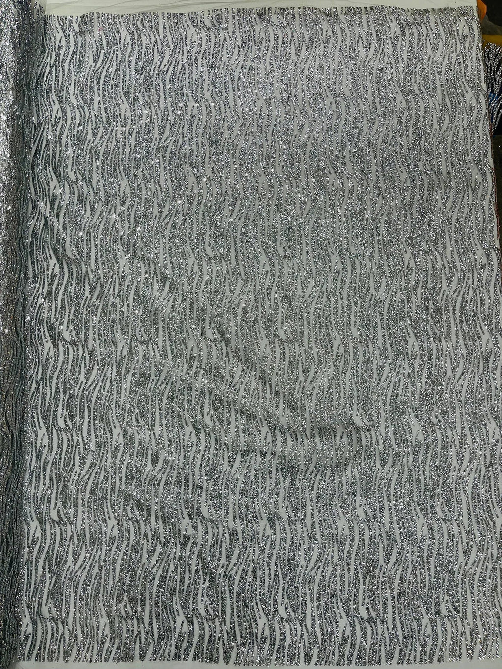 Zebra Stripe Glitter Fabric - Silver - Glitter Design Zebra Lines on Lace Fabric By Yard