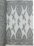 Heavy Bead Floral Fabric - Silver - Beaded Flower Design Fabric Fancy Border By Yard