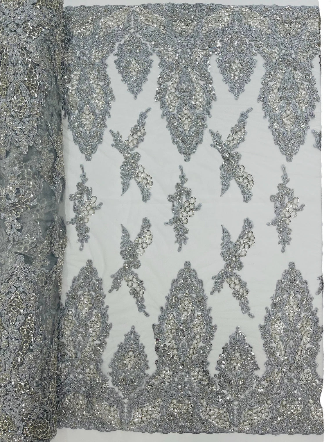 Heavy Bead Floral Fabric - Silver - Beaded Flower Design Fabric Fancy Border By Yard