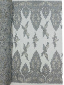 Heavy Bead Floral Fabric - Silver - Beaded Flower Design Fabric Fancy Border By Yard