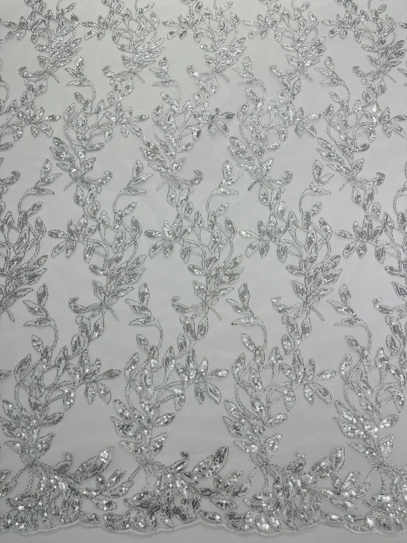 Metallic Thread Leaf Design - Silver - Embroidered Leaf With Sequins Design on Mesh Lace Fabric by the Yard