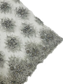 Beaded Flower Cluster Fabric - Silver - Beaded Floral Gaviota Design Embroidered On Mesh Sold By Yard