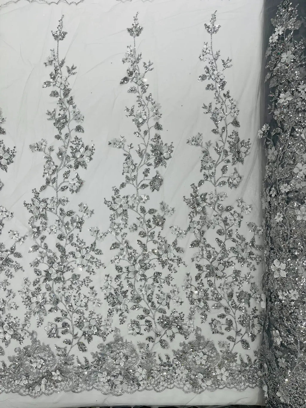 3D Flower Glitter Fabric - Silver - Floral Glitter Sequin Design on Lace Mesh Fabric by Yard