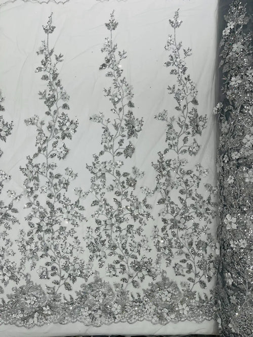 3D Flower Glitter Fabric - Silver - Floral Glitter Sequin Design on Lace Mesh Fabric by Yard