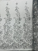 3D Flower Glitter Fabric - Silver - Floral Glitter Sequin Design on Lace Mesh Fabric by Yard
