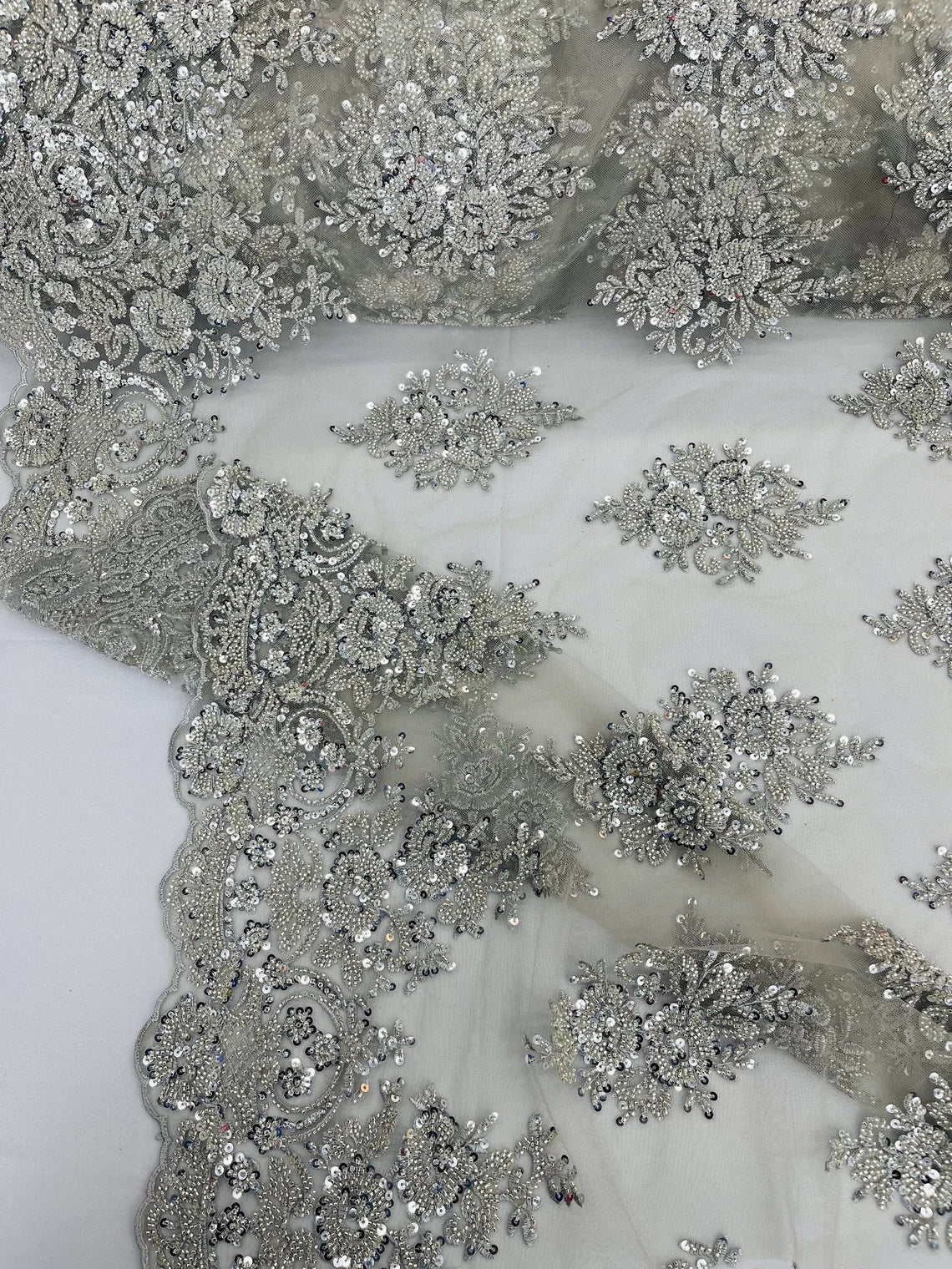 Heavy Beaded Floral Fabric - Silver - Luxury Heavy Duty Bead Bridal Floral Cluster Lace Fabric by the yard