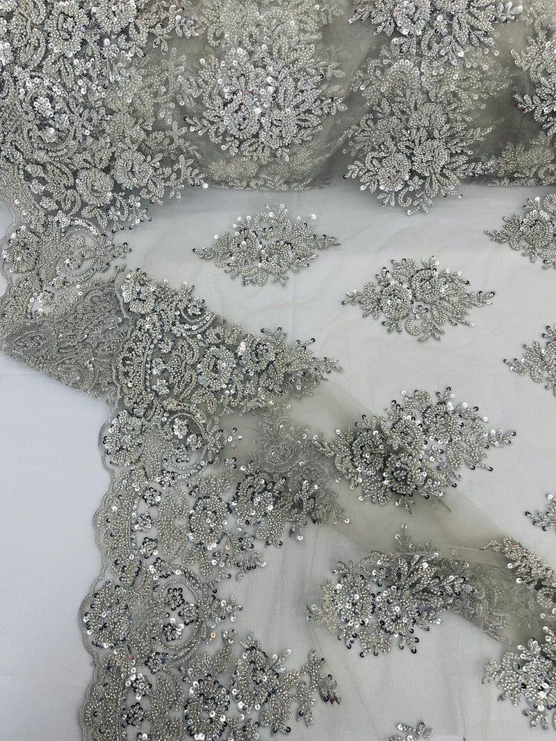 Heavy Beaded Floral Fabric - Silver - Luxury Heavy Duty Bead Bridal Floral Cluster Lace Fabric by the yard