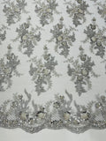 Beaded Flower Sequins Fabric - Silver - Embroidered Beaded Floral Clusters Sequins Fabric By Yard