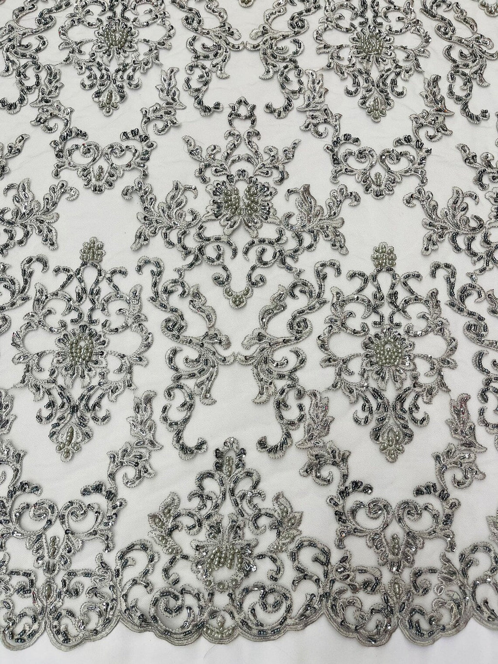 Butterfly Bead Sequins Fabric - Silver - Damask Beaded Sequins Lace Fabric by the yard