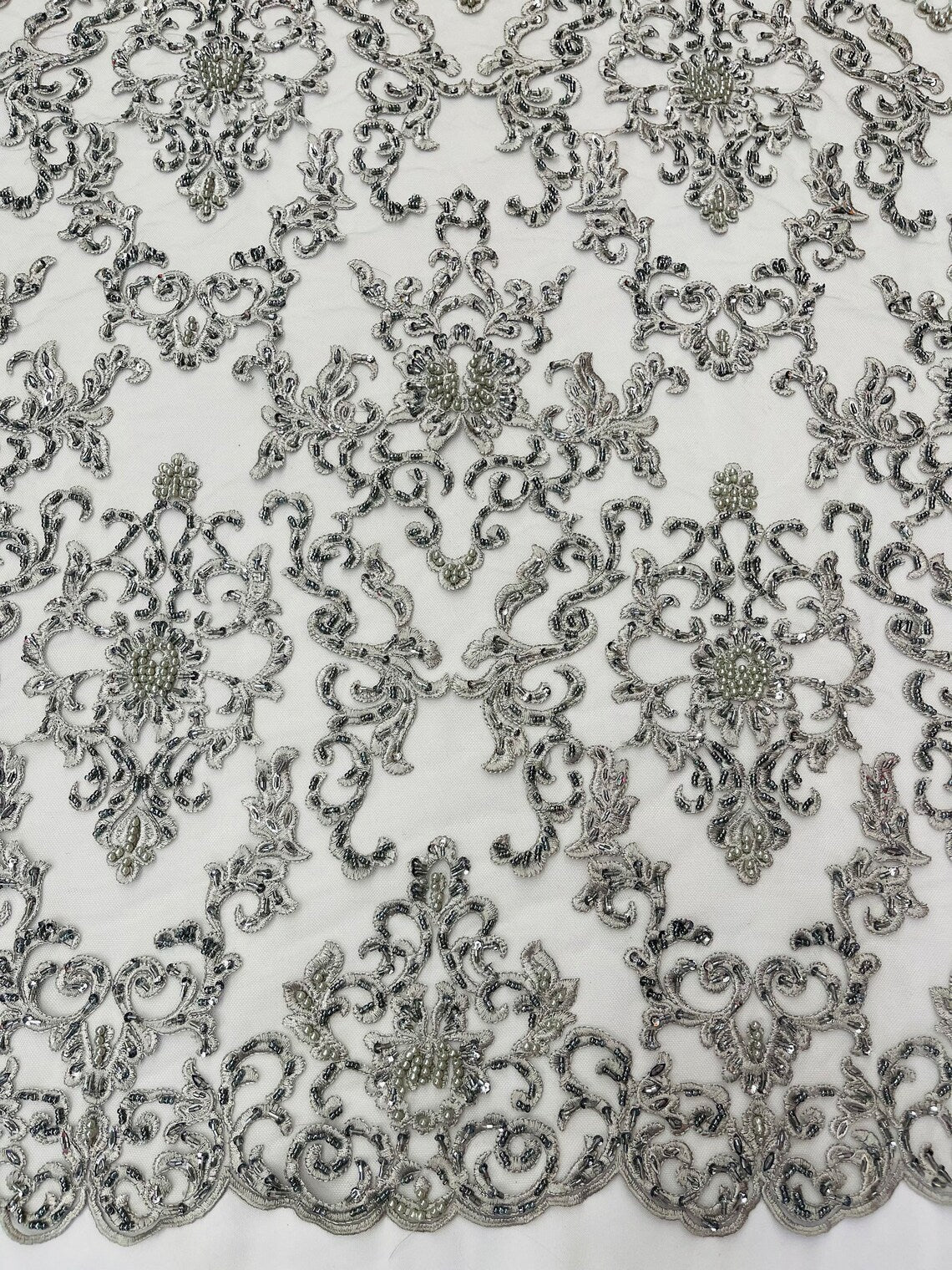 Butterfly Bead Sequins Fabric - Silver - Damask Beaded Sequins Lace Fabric by the yard