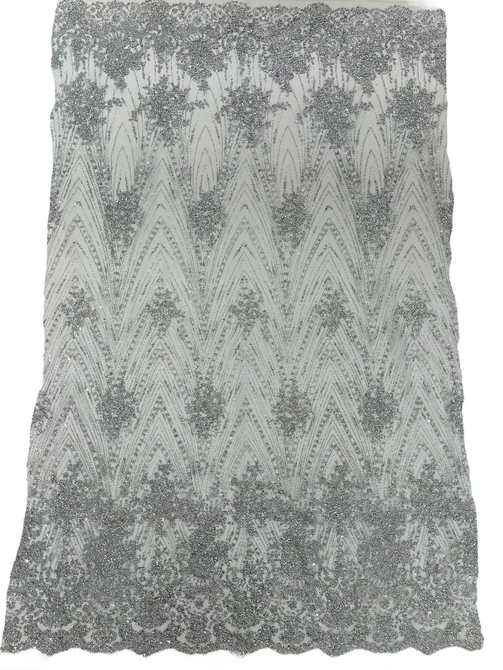 Damask Glitter Fabric - Silver - Geometric Glitter Design Fabric on Mesh by Yard