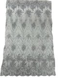 Damask Glitter Fabric - Silver - Geometric Glitter Design Fabric on Mesh by Yard