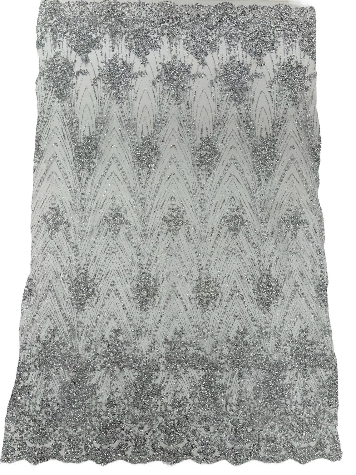 Damask Glitter Fabric - Silver - Geometric Glitter Design Fabric on Mesh by Yard