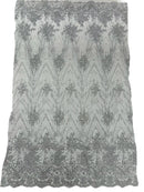 Damask Glitter Fabric - Silver - Geometric Glitter Design Fabric on Mesh by Yard