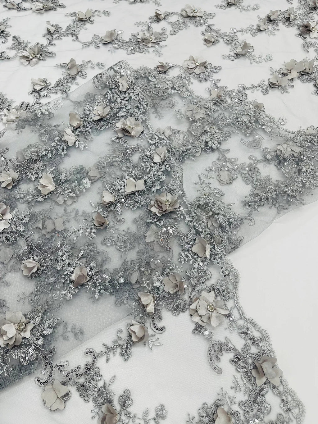 3D Lace Flower Fabric - Silver - Embroidered Sequins and 3D Floral Patterns on Lace By Yard