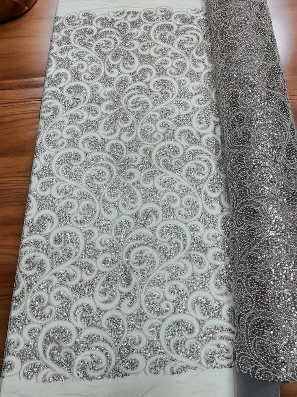 Beaded Swirl Design Fabric - Silver - Swirl Design with Beads and Sequins on Lace by Yard