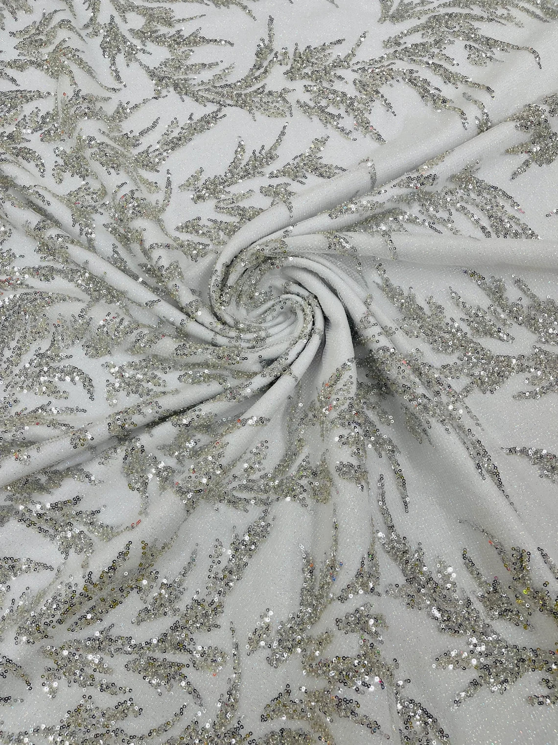 Leaf Plant Glitter Design Fabric - Silver - Beaded Embroidered Leaves Design on Mesh By Yard