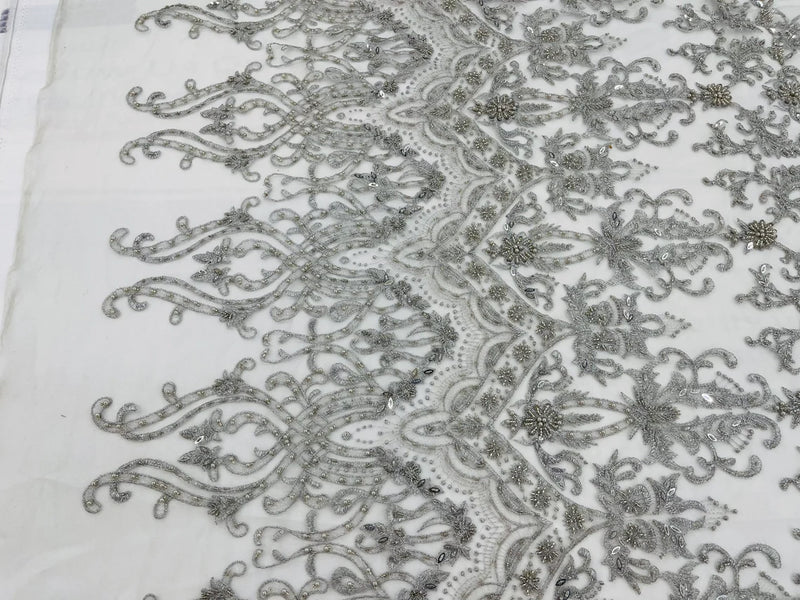 Damask Bead Fabric - Silver - Embroidered Glamorous Fabric with Round Beads Sold By Yard