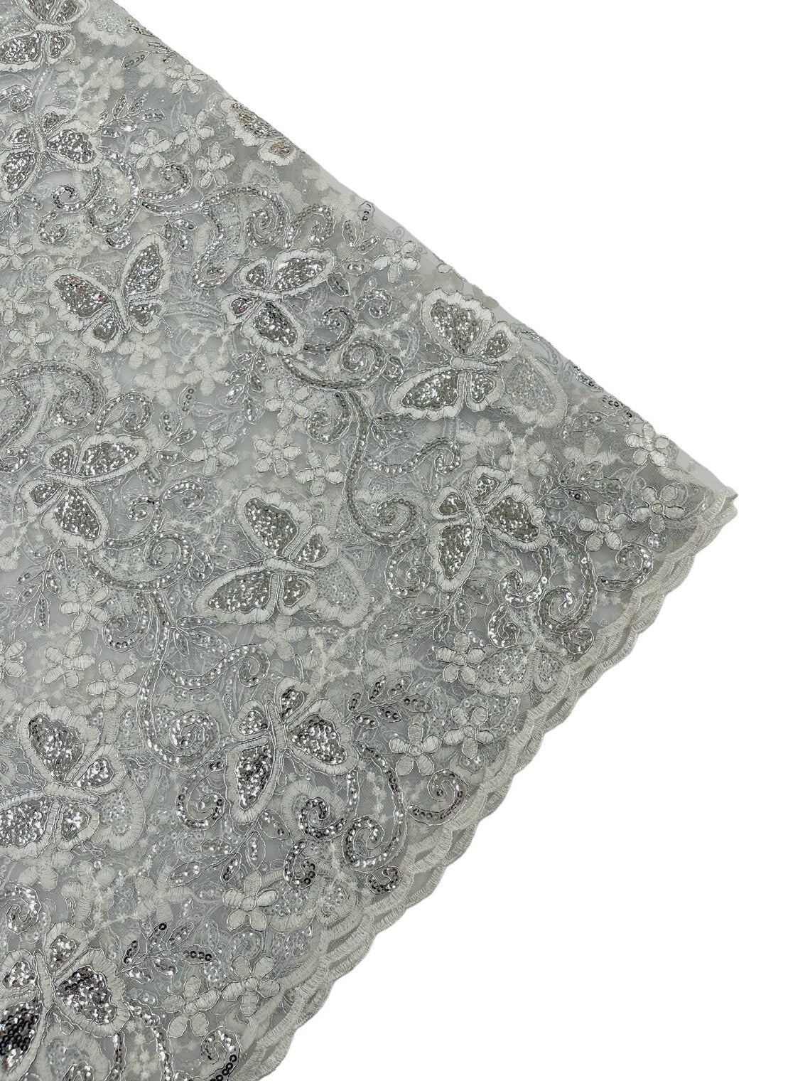 Butterfly Sequins Fabric - Silver - Metallic Floral Butterfly Design on Lace Fabric By Yard