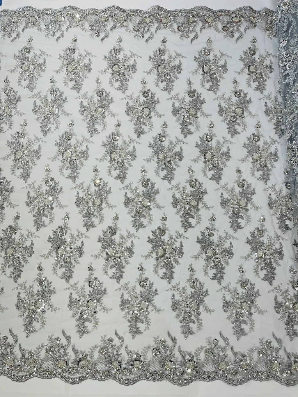 Beaded Flower Sequins Fabric - Silver - Embroidered Beaded Floral Clusters Sequins Fabric By Yard