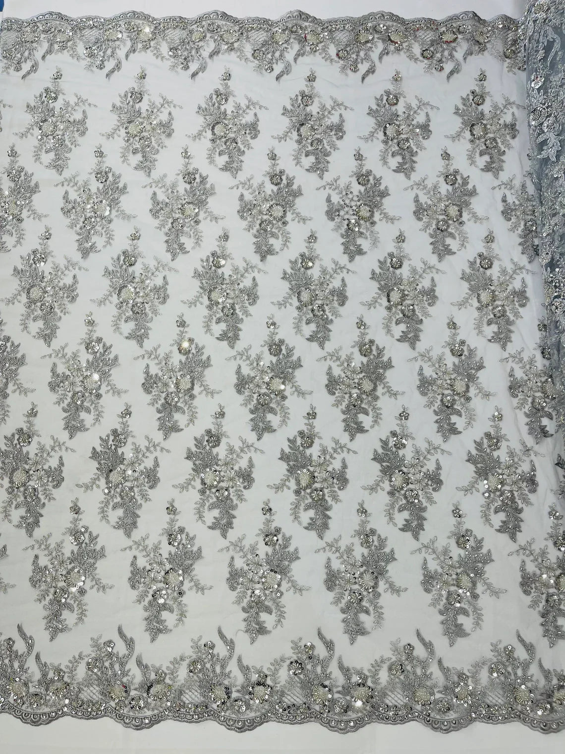 Beaded Flower Sequins Fabric - Silver - Embroidered Beaded Floral Clusters Sequins Fabric By Yard